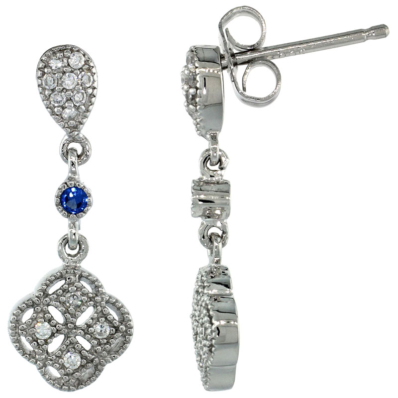 Sterling Silver Clover Flower Dangle Earrings w/ Brilliant Cut Clear & Blue Sapphire Color CZ Stones, 7/8 in. (22 mm) tall