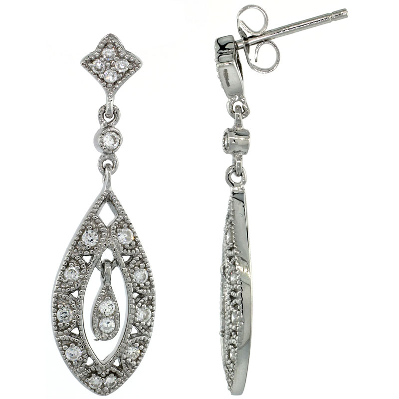 Sterling Silver Teardrop Marquise Cut Out Dangle Earrings w/ Brilliant Cut CZ Stones, 1 5/16 in. (33 mm) tall