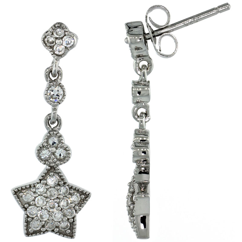 Sterling Silver Star Dangle Earrings w/ Brilliant Cut CZ Stones, 1 in. (26 mm) tall