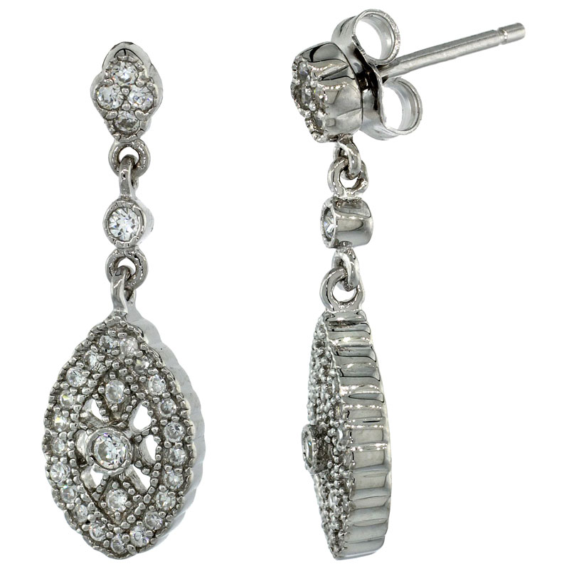 Sterling Silver Marquise Shape Dangle Earrings w/ Brilliant Cut CZ Stones, 1 1/16 in. (26 mm) tall