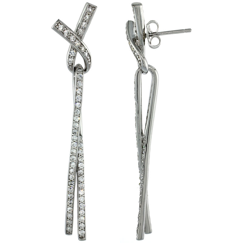 Sterling Silver Ribbon Knot Lace Dangle Earrings w/ Brilliant Cut CZ Stones, 2 3/16 in. (56 mm) tall