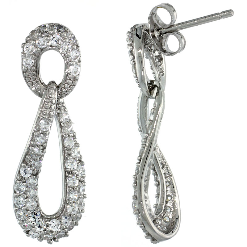 Sterling Silver Oval Drop Cut Out Dangle Earrings w/ Brilliant Cut CZ Stones, 1 1/8 in. (28 mm) tall