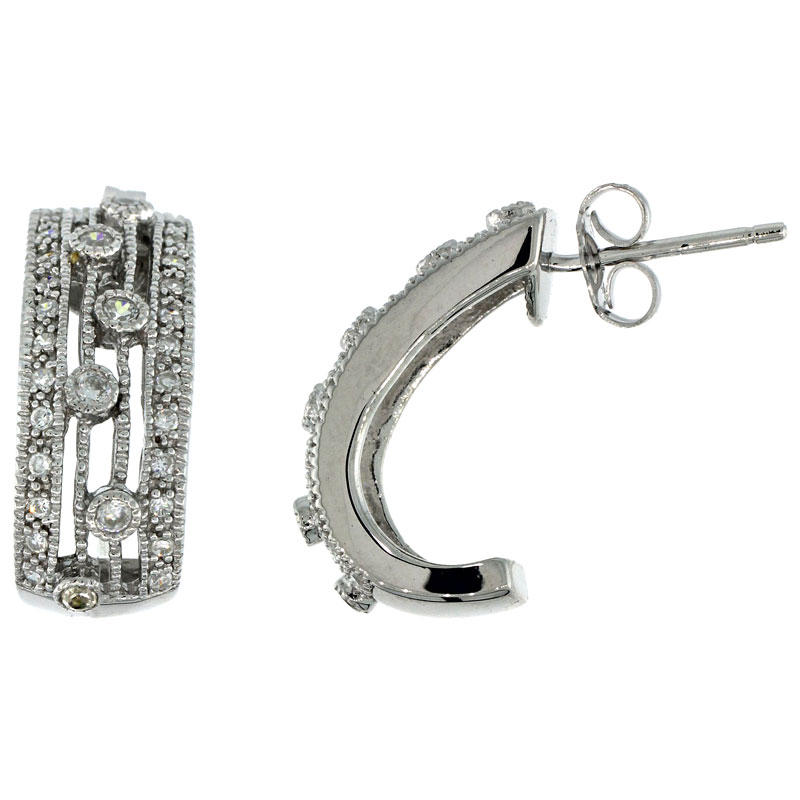 Sterling Silver Half-Hoop Earrings w/ Brilliant Cut CZ Stones, 3/4 in. (19 mm) tall