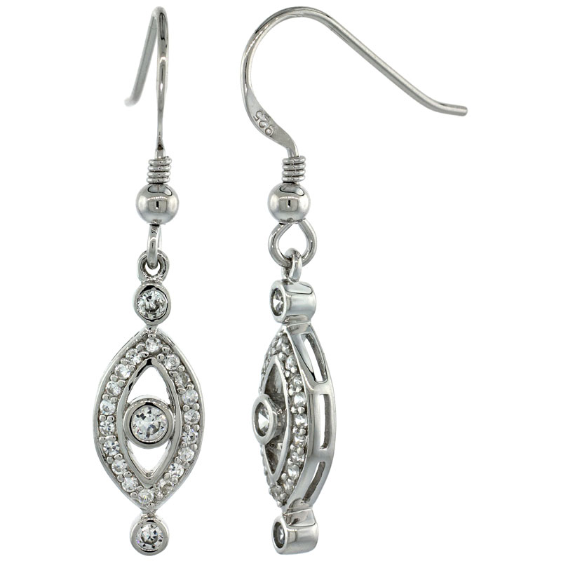 Sterling Silver Marquise Shape Cut Out Dangle Earrings w/ Brilliant Cut CZ Stones, 1 1/2 in. (38 mm) tall