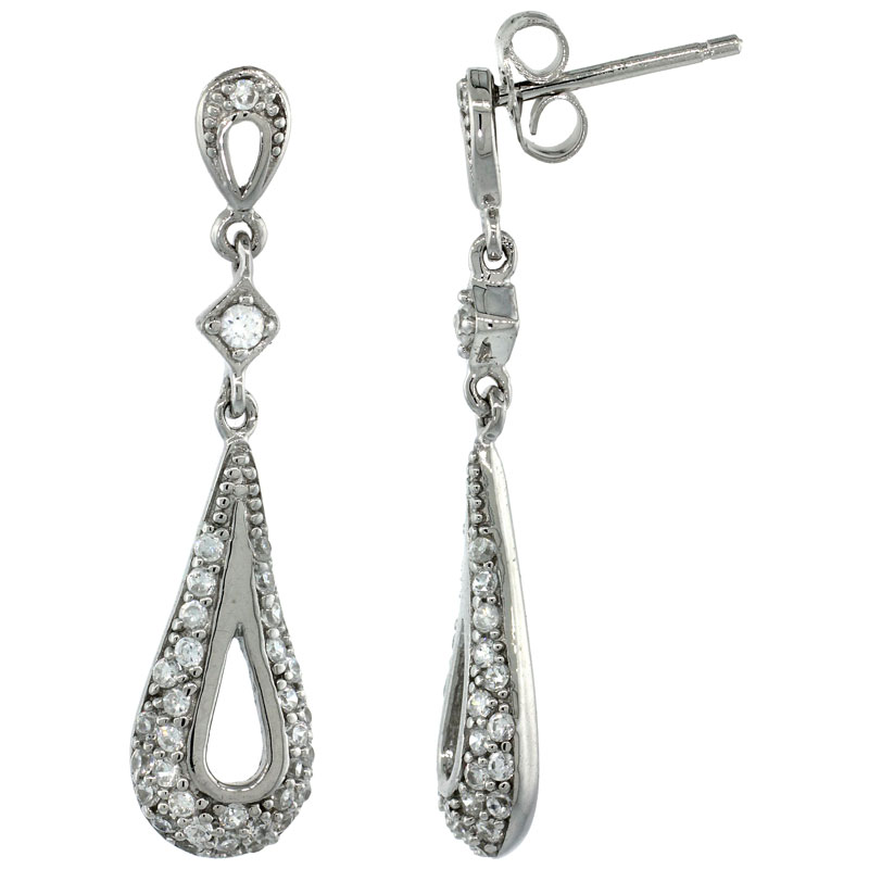 Sterling Silver Teardrop Cut Out Dangle Earrings w/ Brilliant Cut CZ Stones, 1 7/16 in. (37 mm) tall
