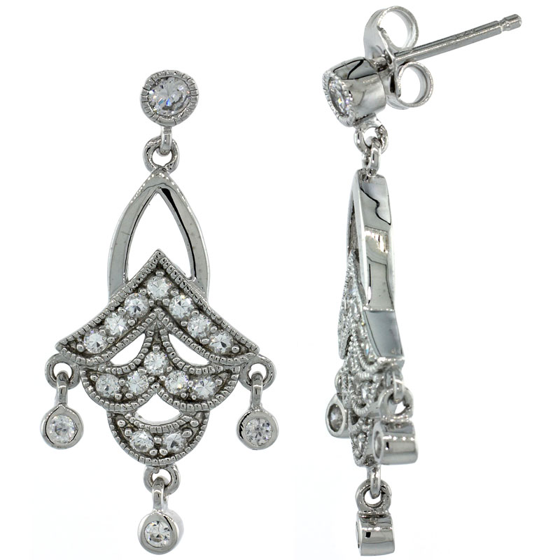 Sterling Silver Dangle Chandelier Earrings w/ Brilliant Cut CZ Stones, 1 3/16 in. (31 mm) tall