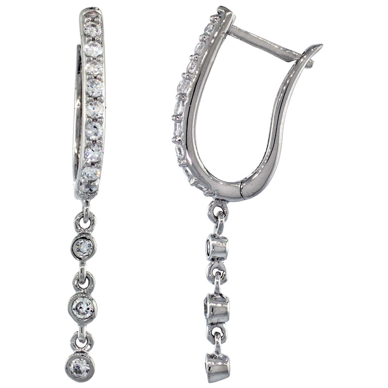 Sterling Silver U-shaped Dangle Earrings w/ Brilliant Cut CZ Stones, 1 3/8 in. (35 mm) tall
