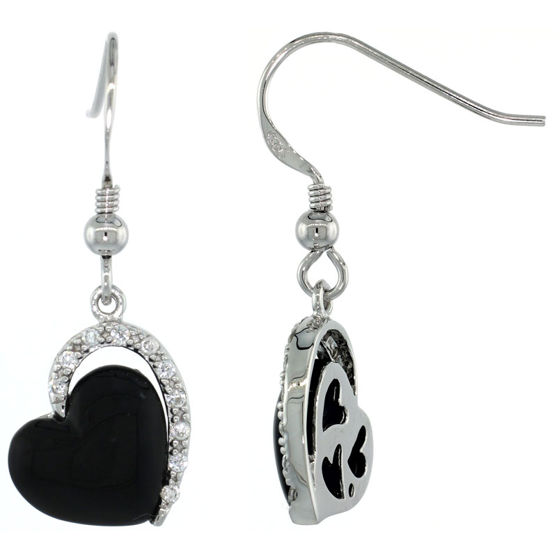 Sterling Silver Black Enameled Heart Dangle Earrings w/ Brilliant Cut CZ Stones, 1 1/4 in. (32 mm) tall