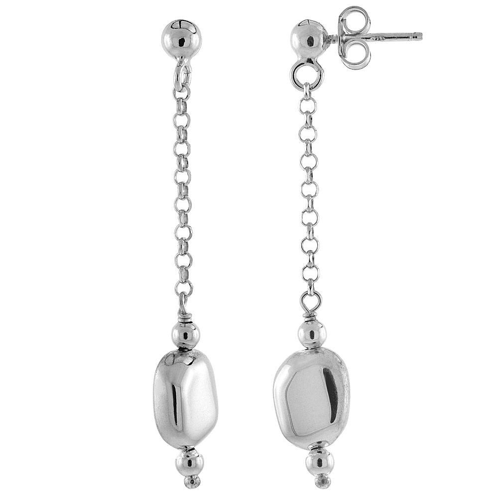Sterling Silver Flat Mirror Bead Dangling Earrings, 1.75 inch long