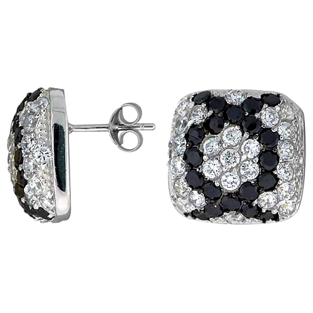 Sterling Silver Cubic Zirconia Square Post Earrings Black & White CZ stones Rhodium finish 5/8 inch