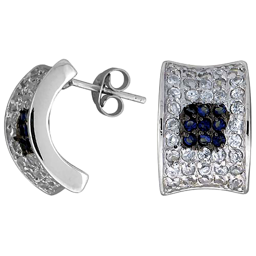 Sterling Silver Cubic Zirconia Curved Post Earrings Blue & White CZ Stones Rhodium finish 5/8 inch