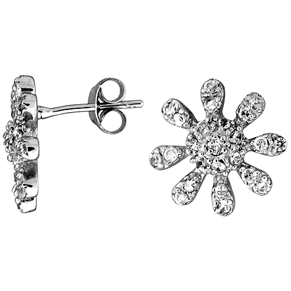 Sterling Silver Cubic Zirconia Sunflower Button Earrings White CZ Stones Rhodium finish 1/2 inch