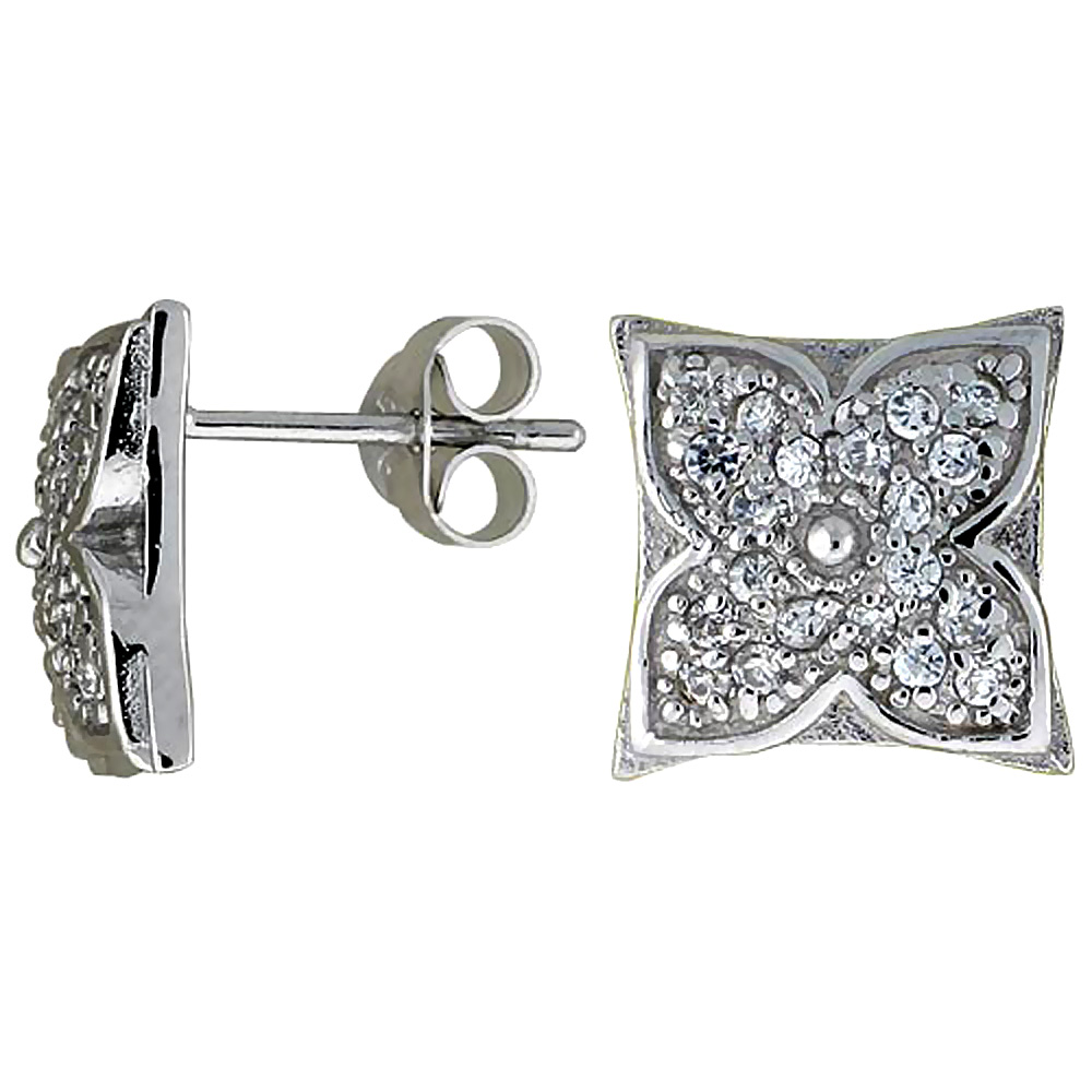 Sterling Silver Cubic Zirconia Square Button Earrings CZ Stones Rhodium finish 7/16 inch