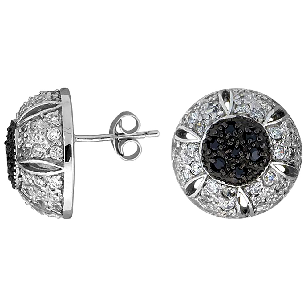 Sterling Silver Cubic Zirconia Button Earrings Half-ball Black & White CZ Stones Rhodium finish 5/8 inch