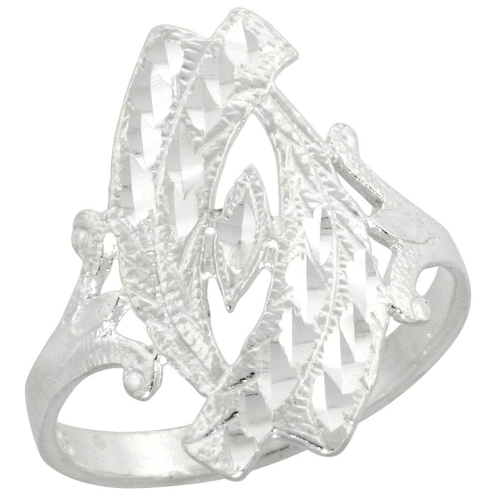 Sterling Silver Filigree Navette-shaped Diamond Cut Ring, 7/8 inch
