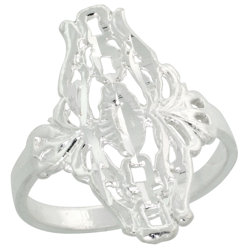 Sterling Silver Filigree Diamond-shaped Floral Ring, 7/8 inch