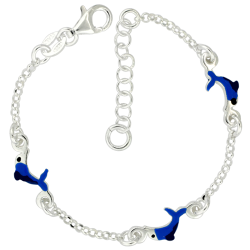 Sterling Silver Dolphin Enamel Baby Bracelet Rolo Link, 5 inches long
