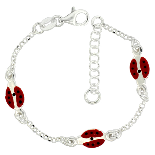 Sterling Silver Lady Bug Enamel Baby Bracelet Rolo Link, 5 inches long