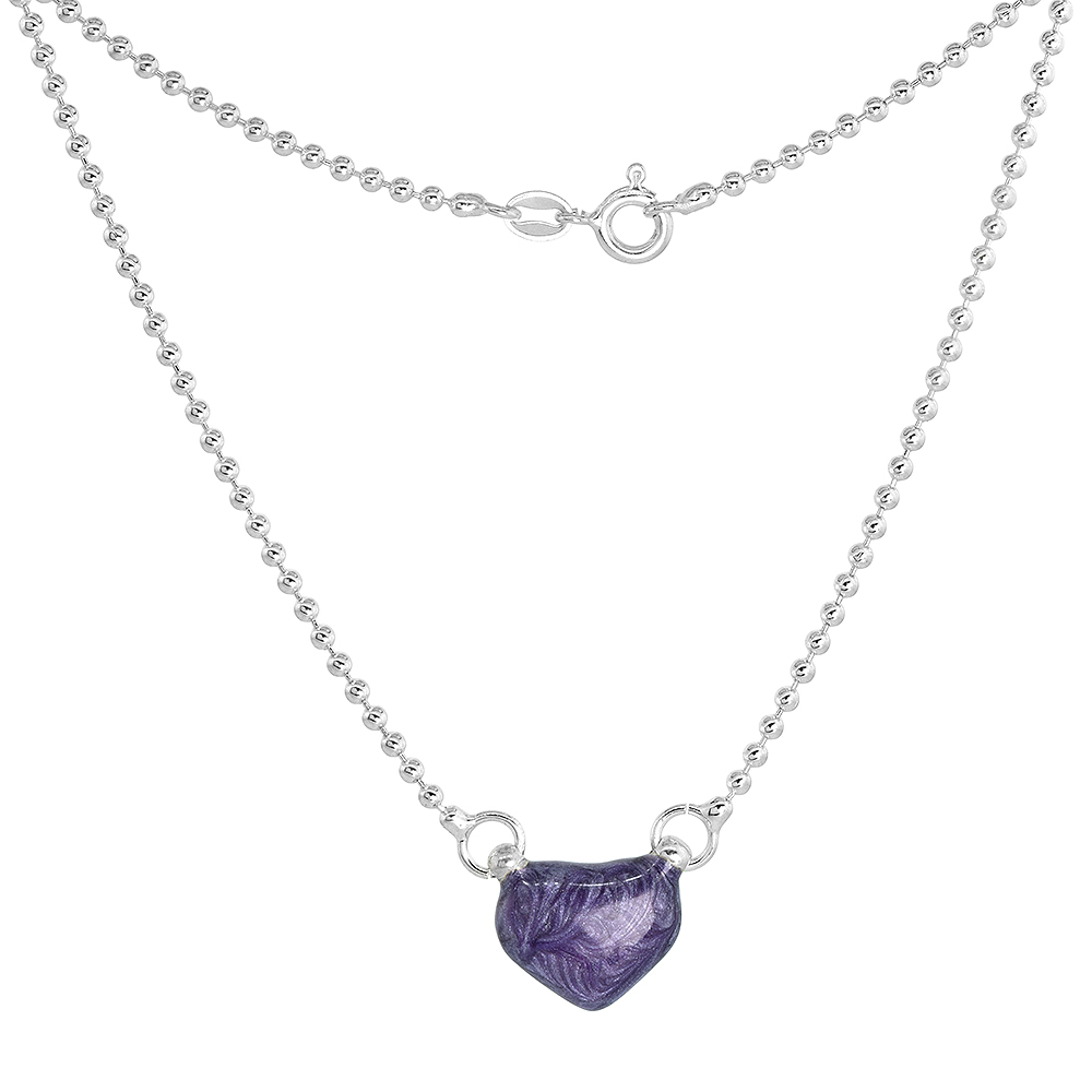 Sterling Silver Purple Enamel Heart Necklace for Women and Girls, 18 inch long