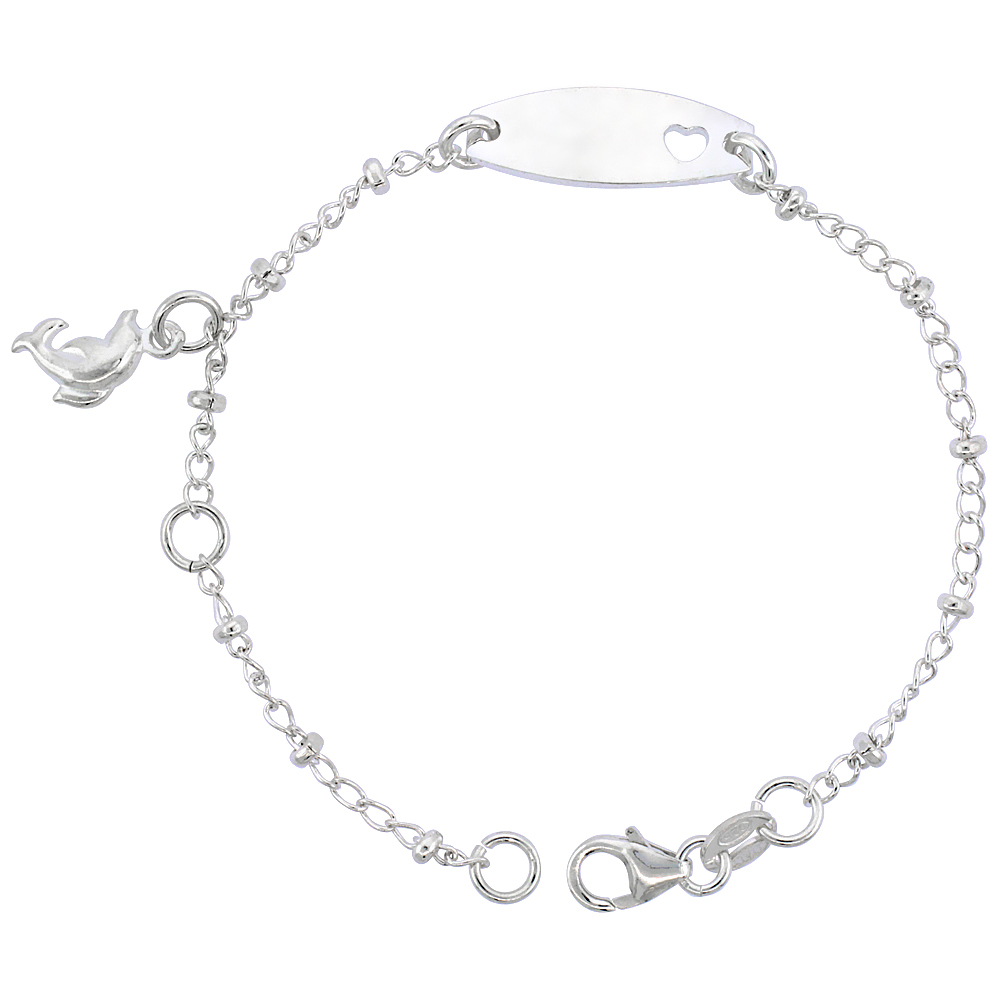 Sterling Silver Baby ID Bracelet with Heart Cut-Out and Dangling Dolphin