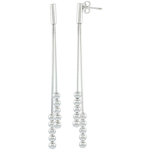 Sterling Silver Italian Elongated Earrings, Beaded, Graduated 2 Strand Square Snake Chain, 72mm (2 7/8 inch) long