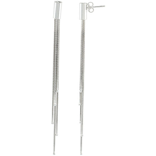 Sterling Silver Italian Elongated Earrings, Beaded Ends, Graduated 5 Strand Round Snake Chain, 95mm (3 3/4 inch) long