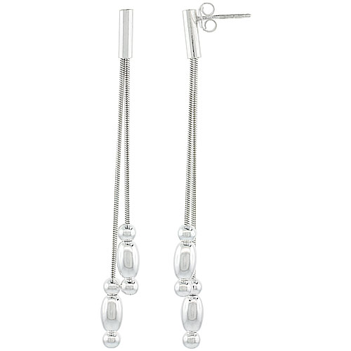 Sterling Silver Italian Elongated Earrings, Beaded Ends, Graduated 2 Strand Round Snake Chain, 71mm (2 13/16 inch) long