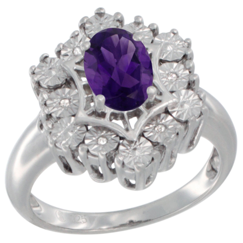 Sterling Silver Natural Amethyst Ring 7x5 Oval Illusion Diamonds Rhodium finish, sizes 5 - 10