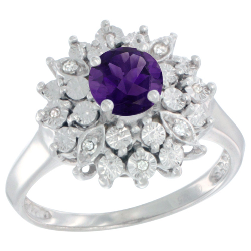 Sterling Silver Natural Amethyst Ring Oval 6x4, Diamond Accent, sizes 5 - 10