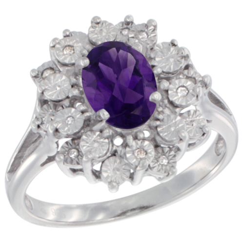 Sterling Silver Natural Amethyst Ring Oval 8x6, Diamond Accent, sizes 5 - 10