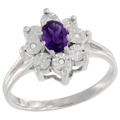 Sterling Silver Natural Amethyst Ring Oval 6x4, Diamond Accent, sizes 5 - 10