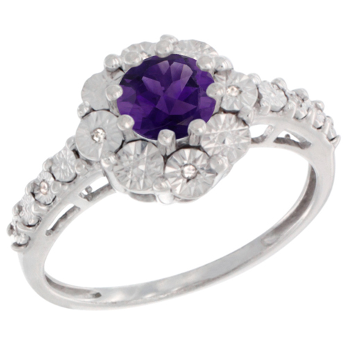 Sterling Silver Natural Amethyst Ring Round 5x5, Diamond Accent, sizes 5 - 10