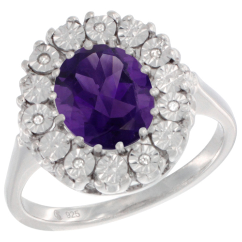 Sterling Silver Natural Amethyst Ring Oval 9x7, Diamond Accent, sizes 5 - 10