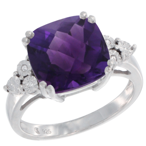 Sterling Silver Natural Amethyst Ring Cushion cut 11x11, Diamond Accent, sizes 5 - 10