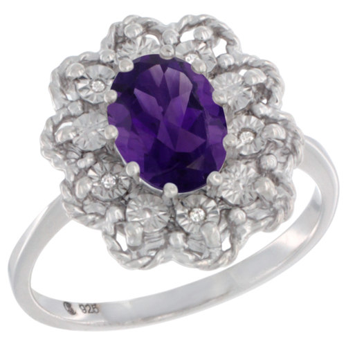 Sterling Silver Natural Amethyst Ring Oval 8x6, Diamond Accent,, sizes 5 - 10