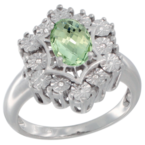 Sterling Silver Natural Green Amethyst Ring 7x5 Oval Illusion Diamonds Rhodium finish, sizes 5 - 10