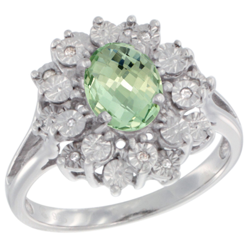 Sterling Silver Natural Green Amethyst Ring Oval 8x6, Diamond Accent, sizes 5 - 10