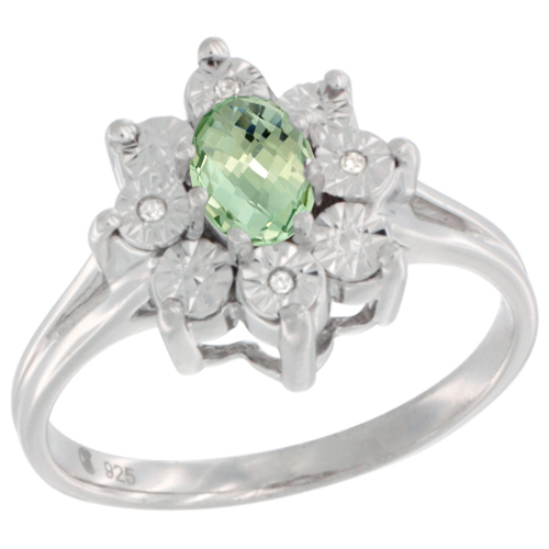 Sterling Silver Natural Green Amethyst Ring Oval 6x4, Diamond Accent, sizes 5 - 10