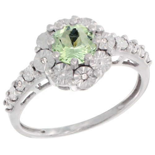 Sterling Silver Natural Green Amethyst Ring Round 5x5, Diamond Accent, sizes 5 - 10