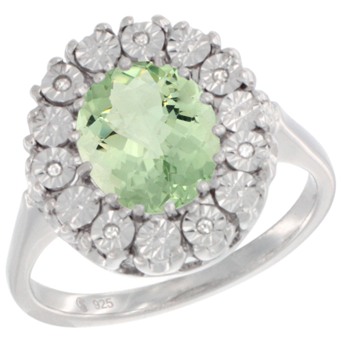 Sterling Silver Natural Green Amethyst Ring Oval 9x7, Diamond Accent, sizes 5 - 10