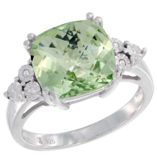 Sterling Silver Natural Green Amethyst Ring Cushion cut 11x11, Diamond Accent, sizes 5 - 10