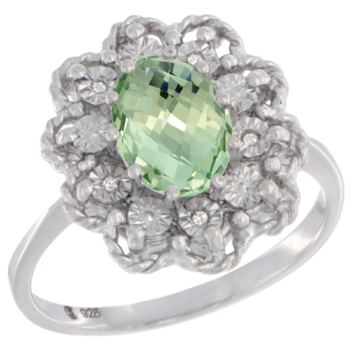 Sterling Silver Natural Green Amethyst Ring Oval 8x6, Diamond Accent,, sizes 5 - 10