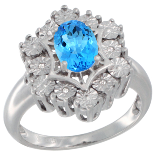 Sterling Silver Natural Swiss Blue Topaz Ring 7x5 Oval Illusion Diamonds Rhodium finish, sizes 5 - 10