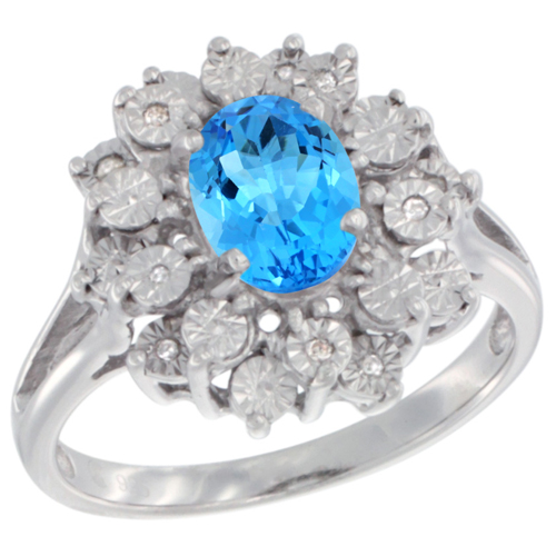 Sterling Silver Natural Swiss Blue Topaz Ring Oval 8x6, Diamond Accent, sizes 5 - 10