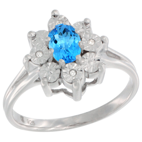 Sterling Silver Natural Swiss Blue Topaz Ring Oval 6x4, Diamond Accent, sizes 5 - 10