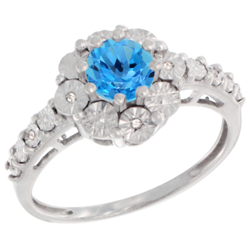 Sterling Silver Natural Swiss Blue Topaz Ring Round 5x5, Diamond Accent, sizes 5 - 10