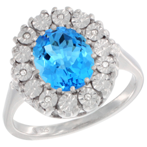 Sterling Silver Natural Swiss Blue Topaz Ring Oval 9x7, Diamond Accent, sizes 5 - 10