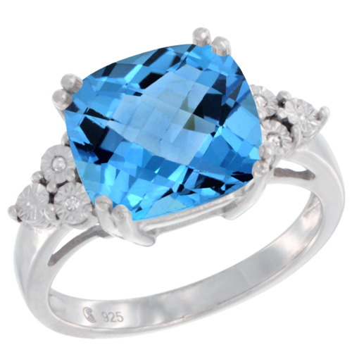 Sterling Silver Natural Swiss Blue Topaz Ring Cushion cut 11x11, Diamond Accent, sizes 5 - 10