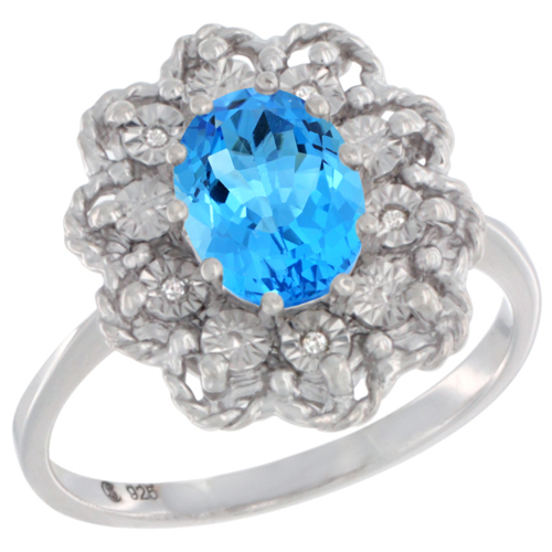 Sterling Silver Natural Swiss Blue Topaz Ring Oval 8x6, Diamond Accent,, sizes 5 - 10