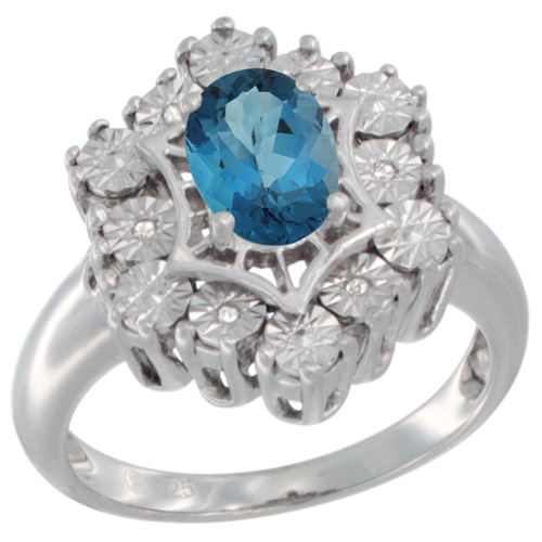 Sterling Silver Natural London Blue Topaz Ring 7x5 Oval Illusion Diamonds Rhodium finish, sizes 5 - 10